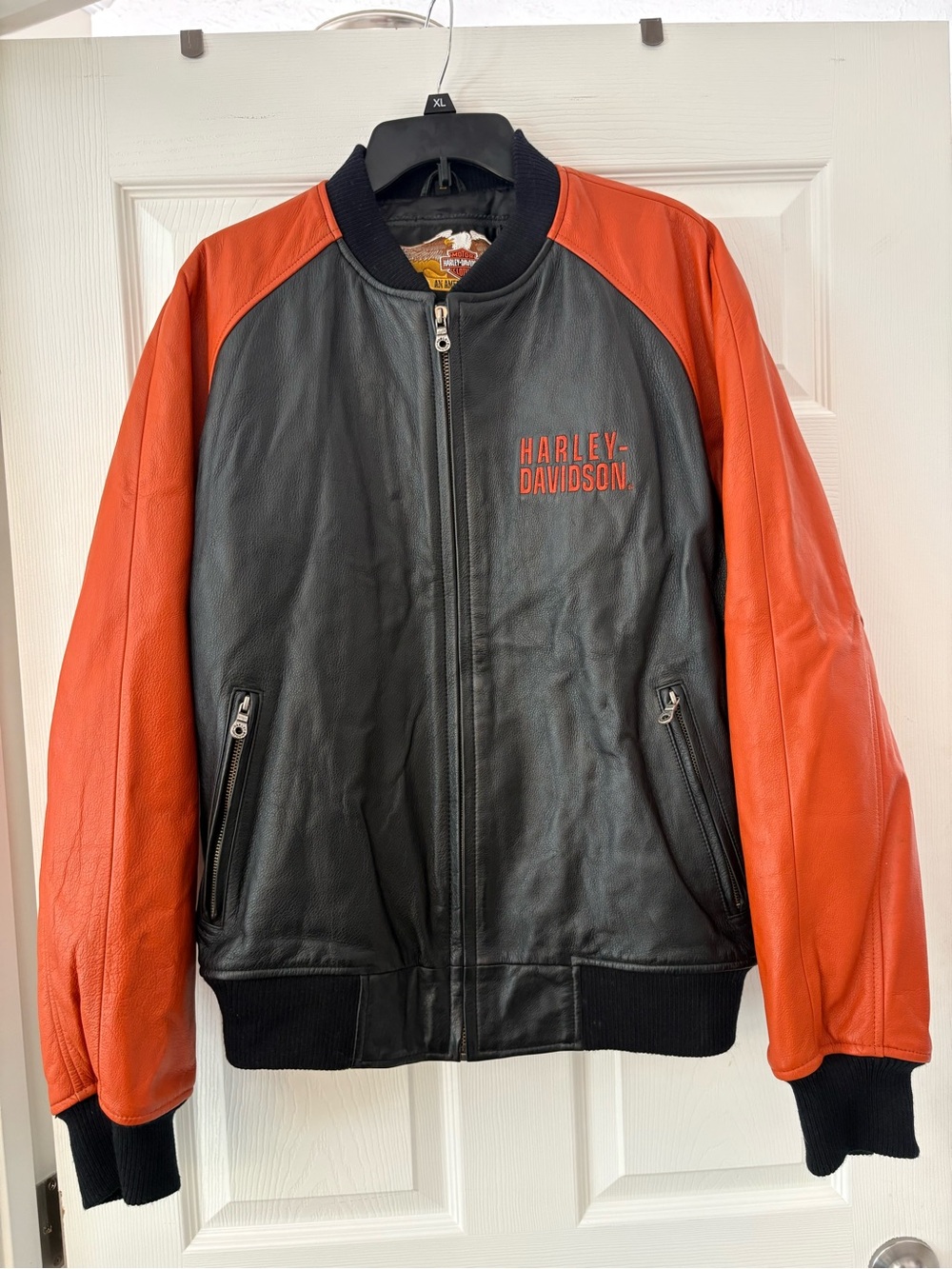 Harley-Davidson Black Leather Bomber with Orange Sleeves